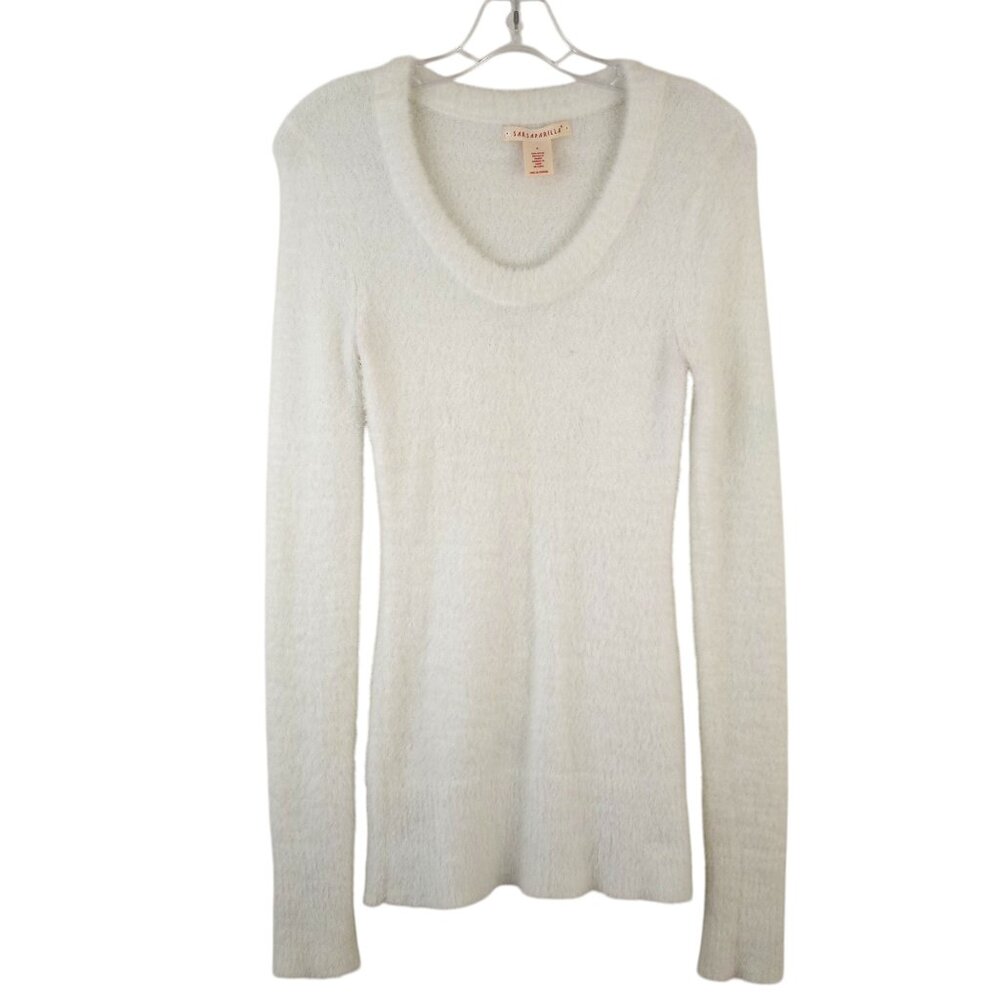 Sarsaparilla White Fuzzy Scoop Neck Tunic Sweater Long Sleeve